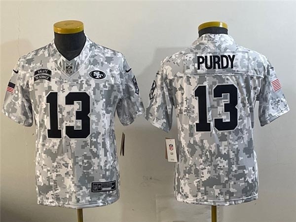 Youth San Francisco 49ers #13 Brock Purdy Arctic Camo 2024 Salute To Service Limited Jersey