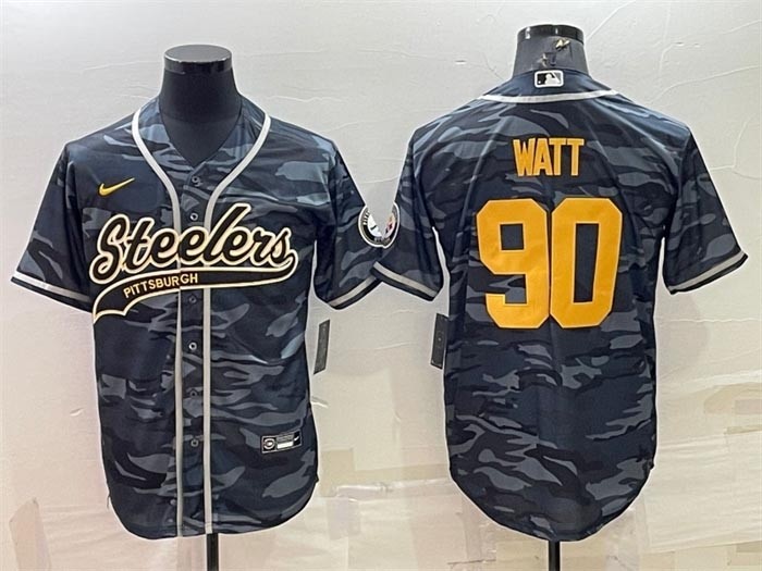 NFL Pittsburgh Steelers #90 T. J. Watt Grey Navy Camo With Patch Cool Base Stitched Baseball Jersey