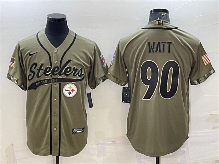 Men's Pittsburgh Steelers #90 T.J. Watt Olive 2022 Salute To Service Cool Base Stitched Baseball Jersey