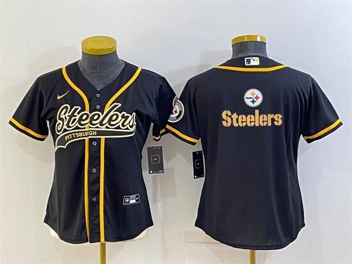 Women's Pittsburgh Steelers Black Team Big Logo With Patch Cool Base Stitched Baseball Jersey(Run Small)