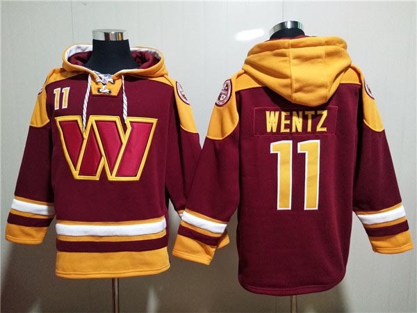 Men's Washington Commanders #11 Carson Wentz Burgundy-Yellow Lace-Up Pullover Hoodie