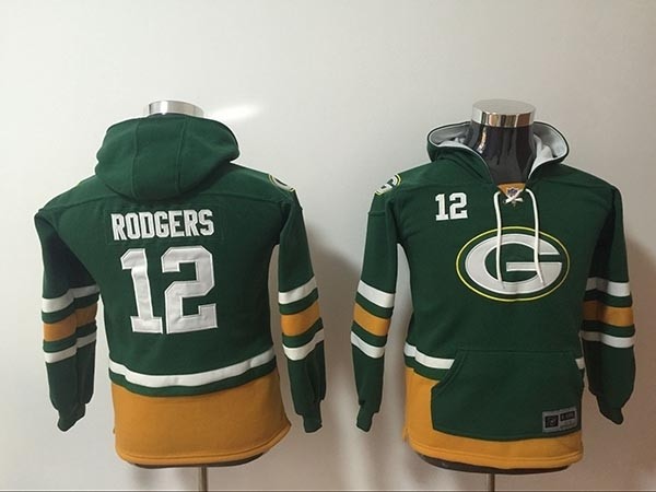 Youth Green Bay Packers #12 Aaron Rodgers green All Stitched Hooded Sweatshirt