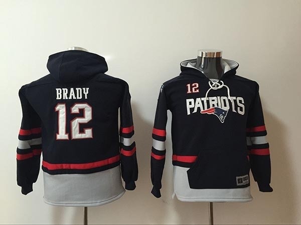 Youth New England Patriots #12 Tom Brady Blue All Stitched Hooded Sweatshirt