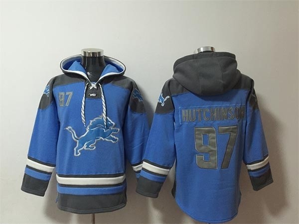 Men's Detroit Lions #97 Aidan Hutchinson Blue Ageless Must-Have Lace-Up Pullover Hoodie