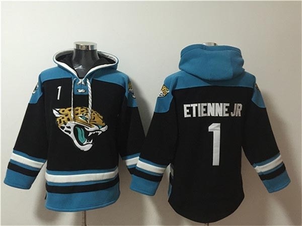 Men's Jacksonville Jaguars #1 Travis Etienne Jr. Black-Blue Ageless Must-Have Lace-Up Pullover Hoodie