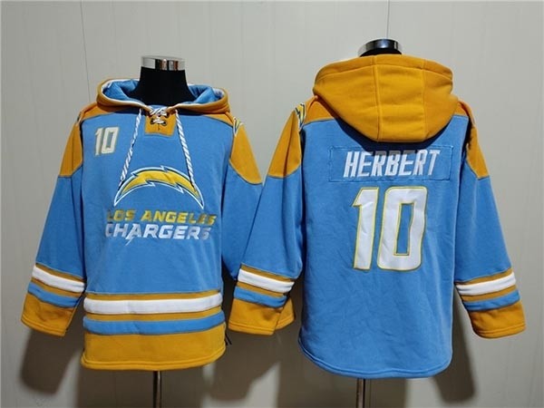 Men's Los Angeles Chargers #10 Justin Herbert Blue Ageless Must-Have Lace-Up Pullover Hoodie