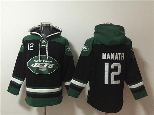 Men's New York Jets #12 Joe Namath Black-Green Ageless Must-Have Lace-Up Pullover Hoodie