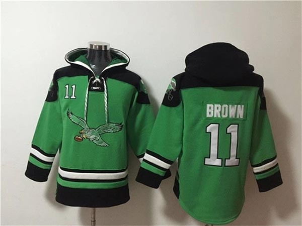 Men's Philadelphia Eagles #11 A. J. Brown Green Black Ageless Must-Have Lace-Up Pullover Hoodie