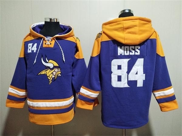 Men's Minnesota Vikings #84 Randy Moss Purple Yellow Ageless Must-Have Lace-Up Pullover Hoodie