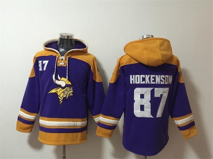 Men's Minnesota Vikings #87 T.J. Hockenson Purple Yellow Ageless Must-Have Lace-Up Pullover Hoodie