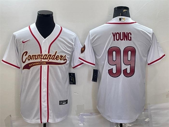 Men's Washington Commanders #99 Chase Young White With Patch Cool Base Stitched Baseball Jersey