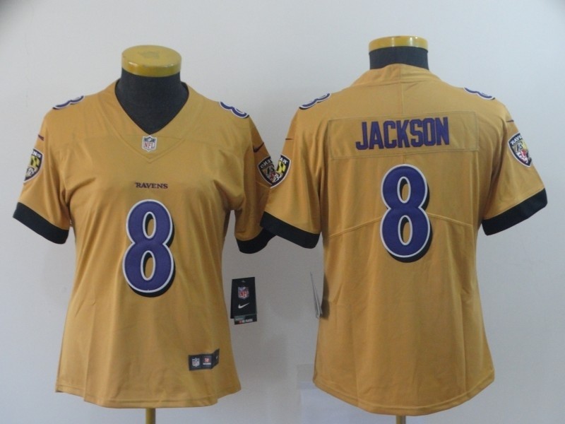 NFL Women Ravens Lamar Jackson #8 Gold Inverted Legend Jersey