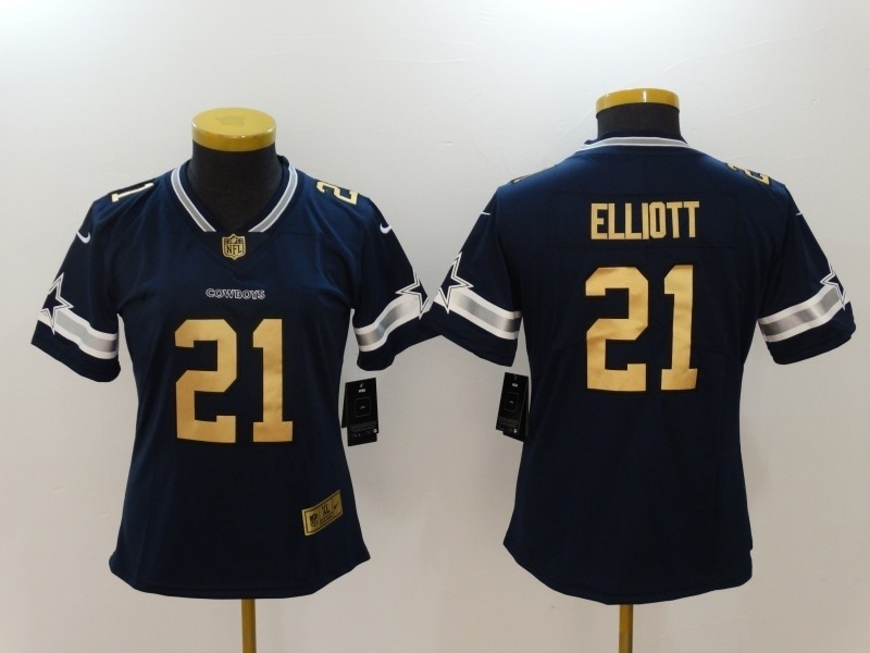 NFL Women Dallas Cowboys Ezekiel Elliott #21 blue golden number Jersey