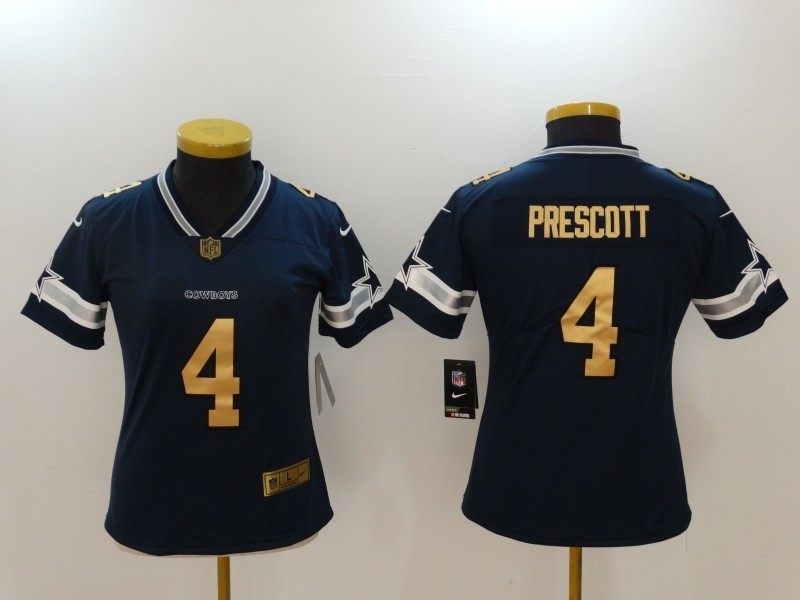 NFL Women Dallas Cowboys Dak Prescott #4 Blue golden number Jersey