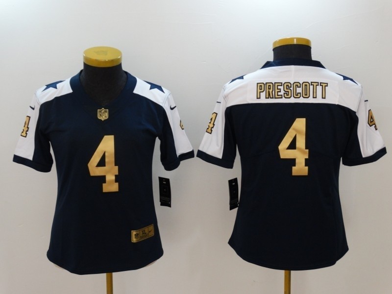 NFL Women Cowboys Prescott #4 Blue Thanksgiving golden number Jersey