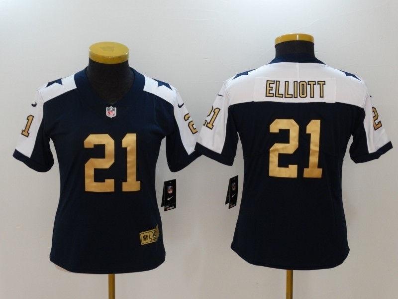 NFL Women Cowboys Elliott #21 Blue Thanksgiving golden number Jersey