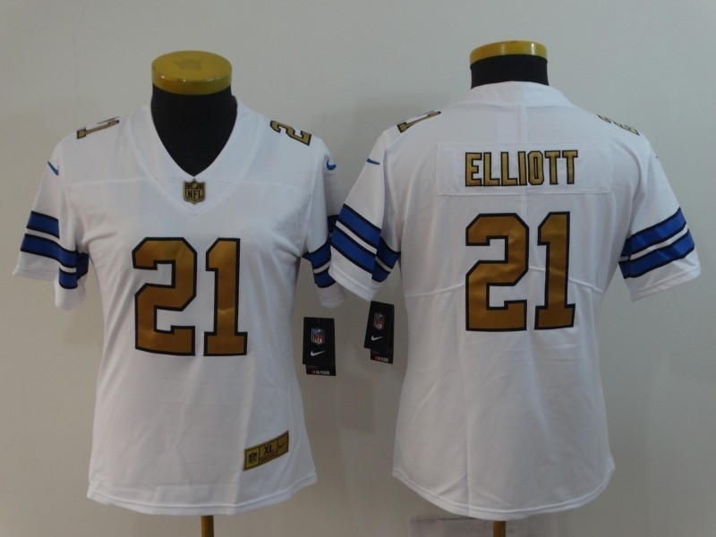 NFL Women Dallas Cowboys Ezekiel Elliott #21 White golden number Jersey