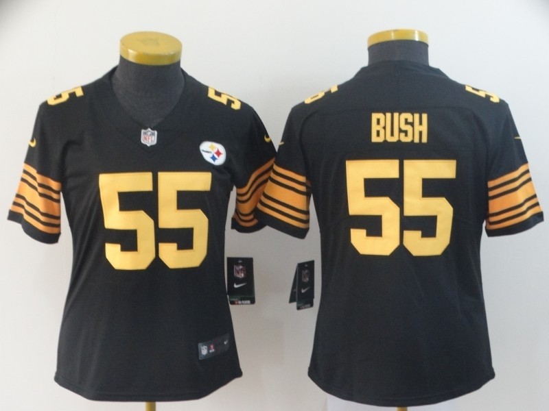 NFL Women Steelers Devin Bush #55 black yellow number Jersey