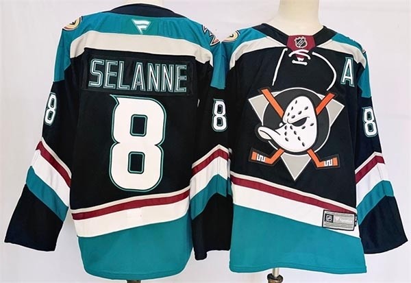 Men's Anaheim Ducks #8 Teemu Selanne Black Teal 2024-25 Stitched Jersey