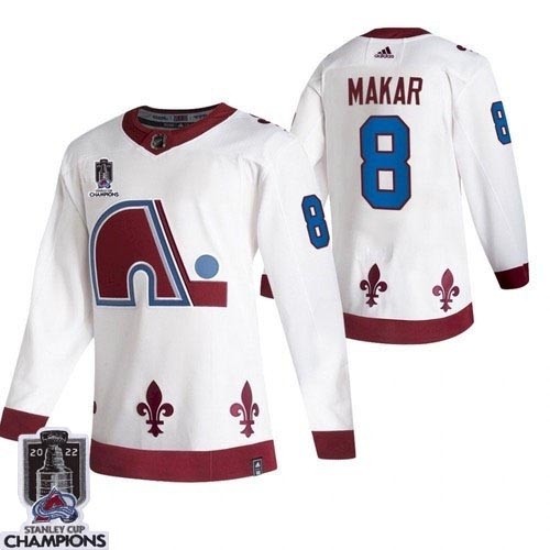 Men's Colorado Avalanche #8 Cale Makar 2022 White Stanley Cup Champions Patch Reverse Retro Stitched Jersey