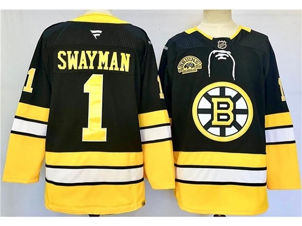 Men's Boston Bruins #1 Jeremy Swayman 2024 Black Alternate 100th Anniversary Jersey