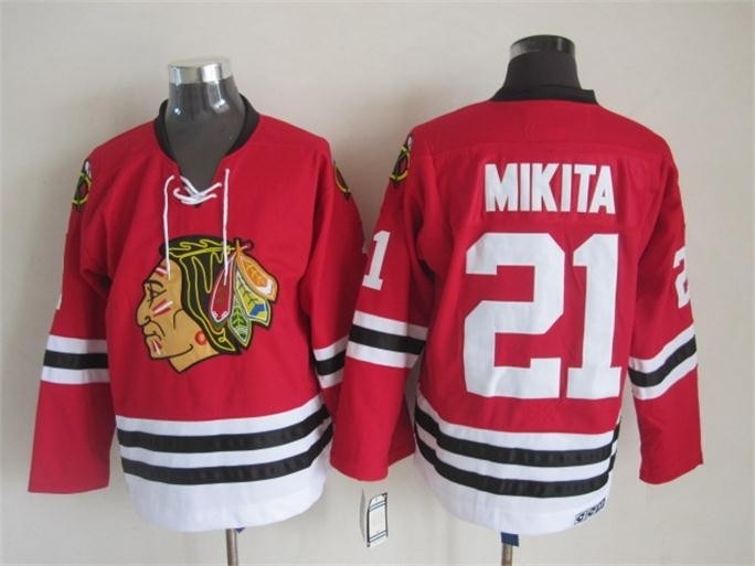 Men's Chicago Blackhawks #21 Stan Mikita 1957-58 Red CCM Throwback Jersey