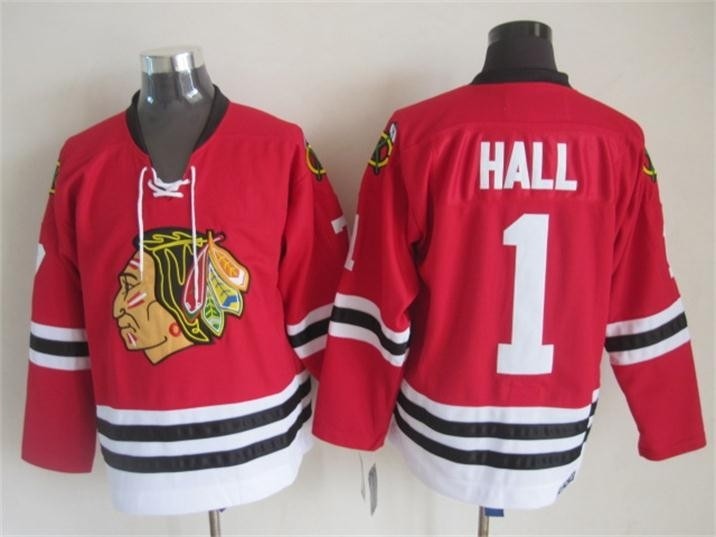 Men's Chicago Blackhawks #1 Glean Hall 1957-58 Red CCM Throwback Jersey