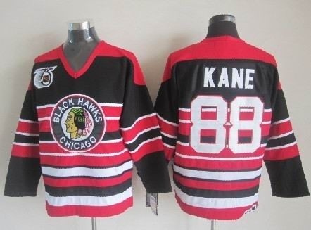 Men's Chicago Blackhawks #88 Patrick Kane Black Pinstripe 75TH Throwback CCM Jersey