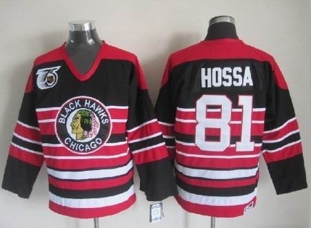 Men's Chicago Blackhawks #81 Marian Hossa Black Pinstripe 75TH Throwback CCM Jersey