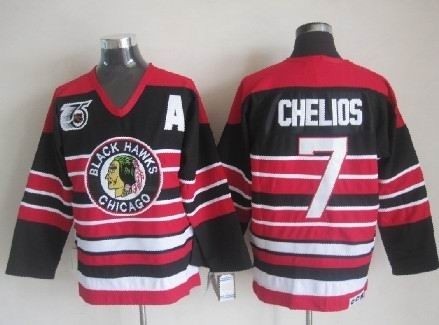 Men's Chicago Blackhawks #7 Chris Chelios Black Pinstripe 75TH Throwback CCM Jersey