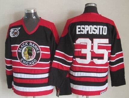 Men's Chicago Blackhawks #35 Tony Esposito Black Pinstripe 75TH Throwback CCM Jersey