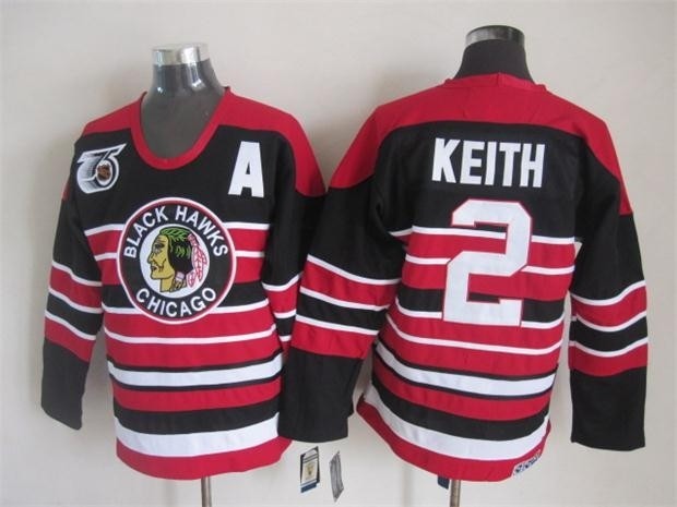 Men's Chicago Blackhawks #2 Duncan Keith Black Pinstripe 75TH Throwback CCM Jersey