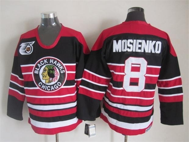 Men's Chicago Blackhawks #8 Bill Mosienko Black Pinstripe 75TH Throwback CCM Jersey