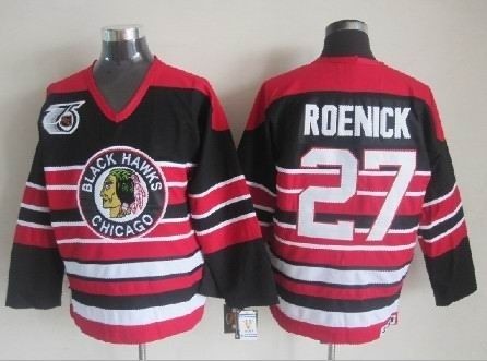 Men's Chicago Blackhawks #27 Jeremy Roenick Black Pinstripe 75TH Throwback CCM Jersey