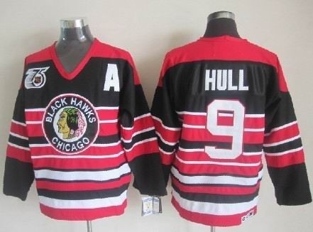 Men's Chicago Blackhawks #9 Bobby Hull Black Pinstripe 75TH Throwback CCM Jersey