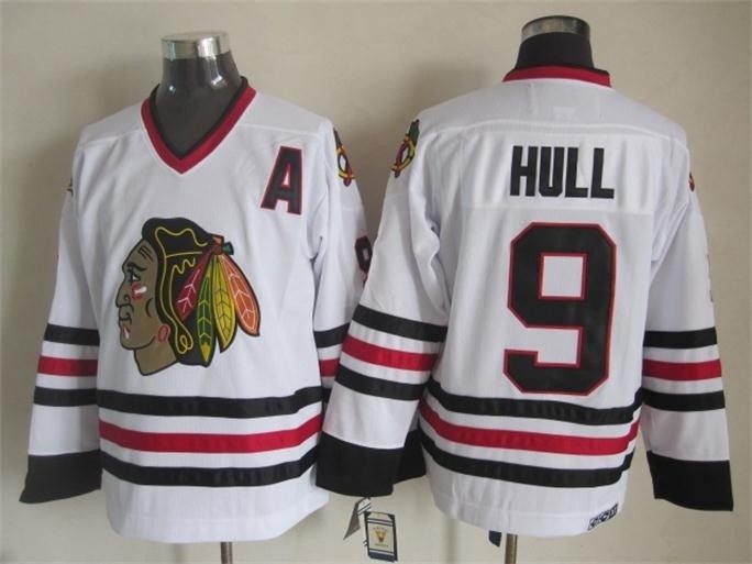 Men's Chicago Blackhawks #9 Bobby Hull White Throwback CCM Jersey