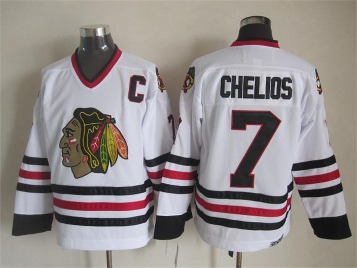 Men's Chicago Blackhawks #7 Chris Chelios White Throwback CCM Jersey