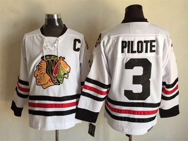 Men's Chicago Blackhawks #3 Pierre Pilote 1957-58 White CCM Throwback Jersey