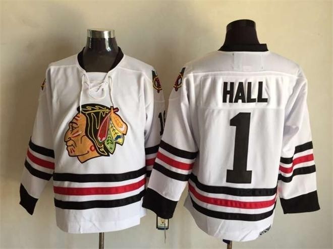 Men's Chicago Blackhawks #1 Glean Hall 1957-58 White CCM Throwback Jersey