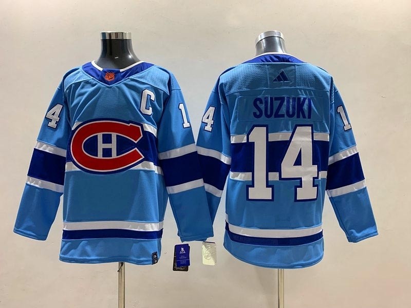 Men's Montreal Canadiens #14 Nick Suzuki Light Blue 2022-23 Reverse Retro Stitched Jersey