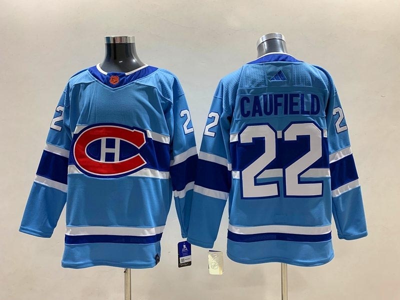 Men's Montreal Canadiens #22 Cole Caufield Light Blue 2022-23 Reverse Retro Stitched Jersey