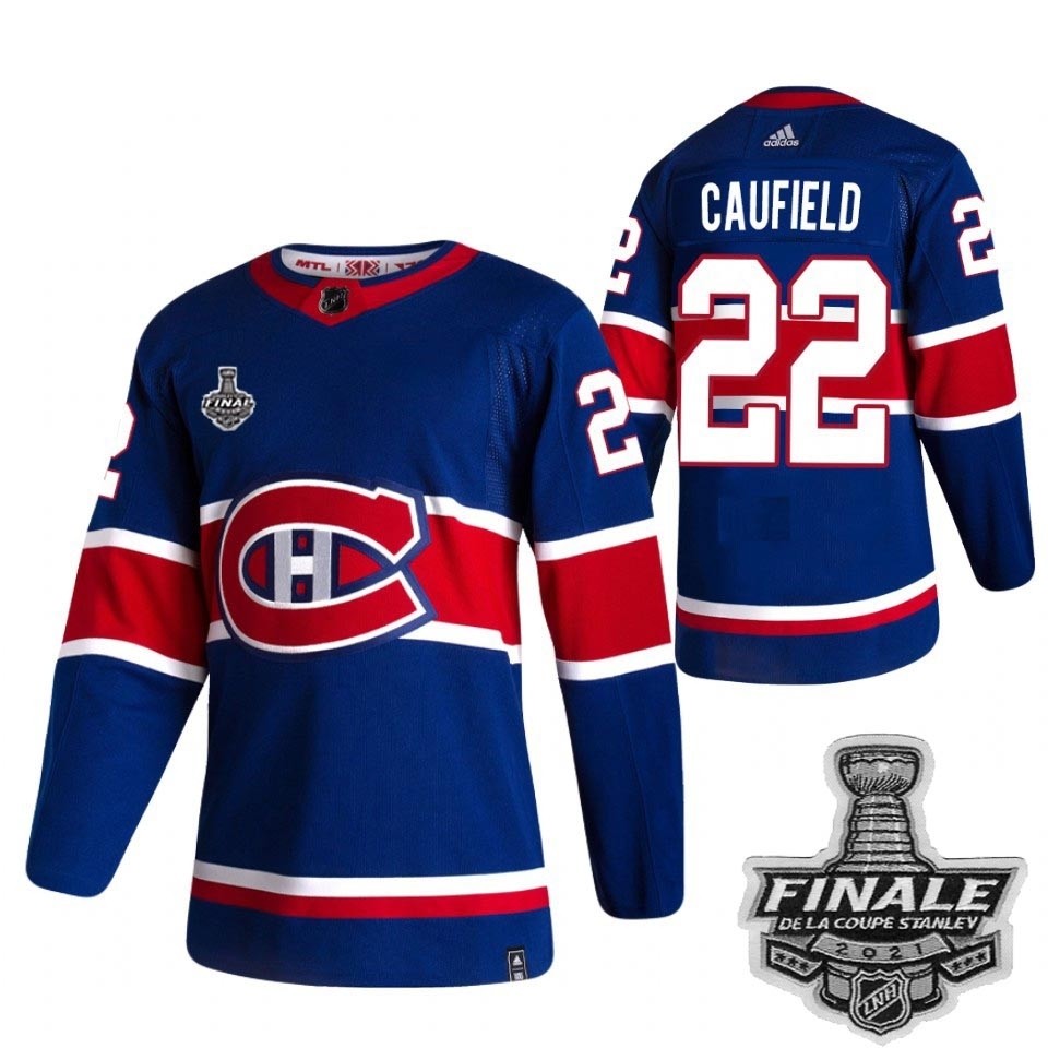 Men's Montreal Canadiens #22 Cole Caufield Blue Road Authentic 2021 NHL Stanley Cup Final Patch Jersey