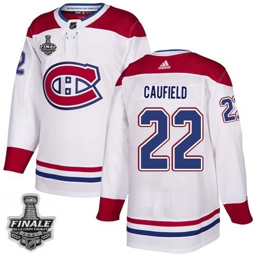 Men's Montreal Canadiens #22 Cole Caufield White Road Authentic 2021 NHL Stanley Cup Final Patch Jersey