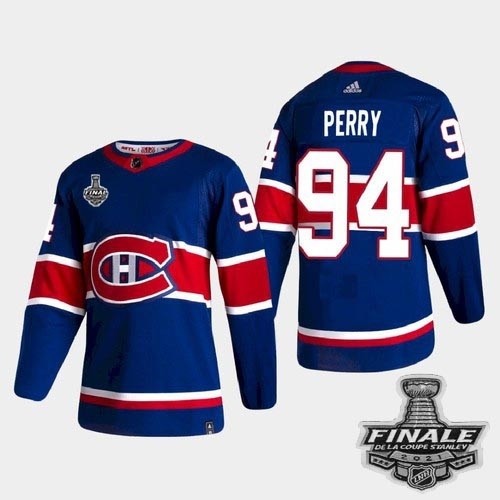 Men's Montreal Canadiens #94 Corey Perry Blue Road Authentic 2021 NHL Stanley Cup Final Patch Jersey