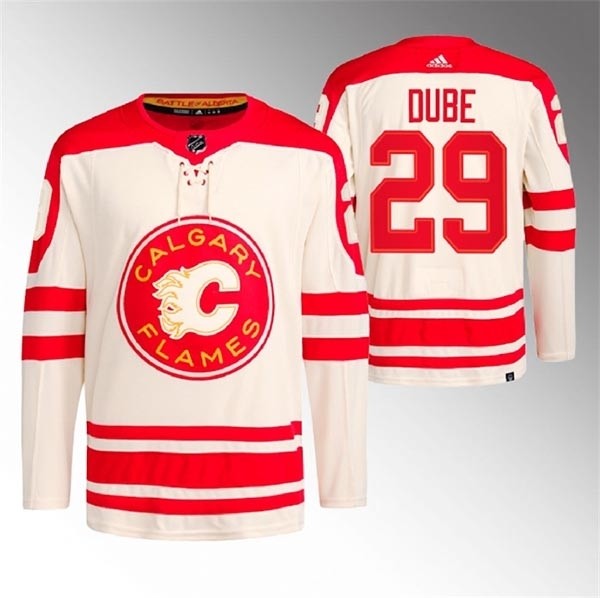 Men's Calgary Flames #29 Dillon Dube 2023 Cream Heritage Classic Primegreen Stitched Jersey