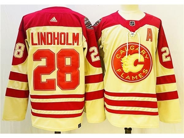 Men's Calgary Flames #28 Elias Lindholm 2023 Cream Heritage Classic Primegreen Stitched Jersey