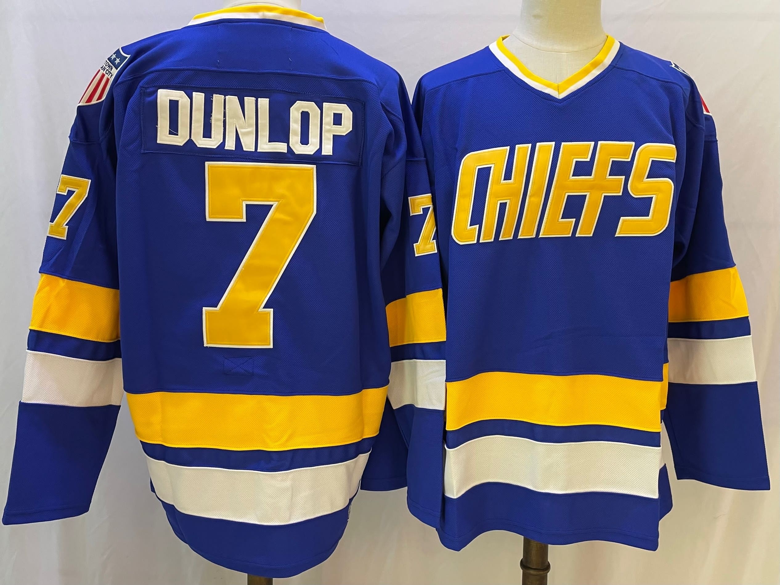 Men's Charlestown Chiefs #7 Reggie Dunlop Blue Throwback CCM Jersey