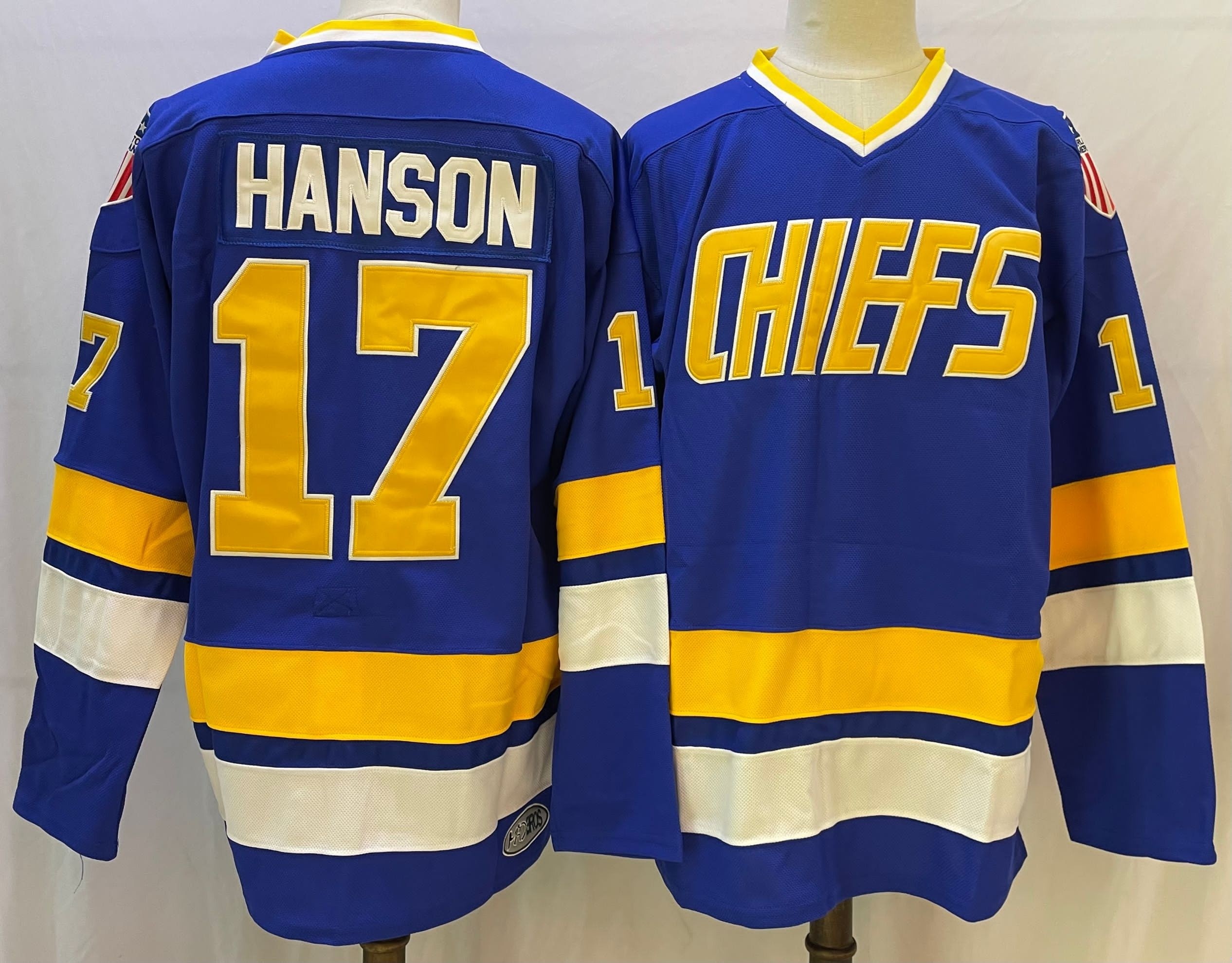 Men's Charlestown Chiefs #17 Steve Hanson blue Throwback CCM Jersey