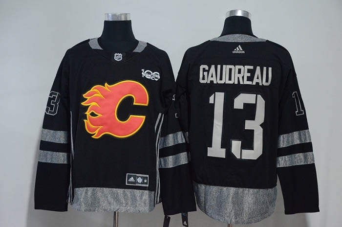 Mens 2017-18 Calgary Flames #13 Gaudreau Black 100th Centenal Clasic Premier Jersey