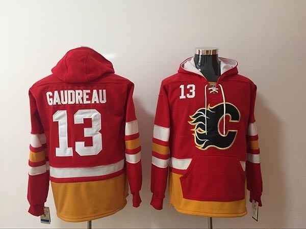 NHL Calgary Flames #13 Johnny Gaudreau Red All Stitched Hooded Sweatshirt